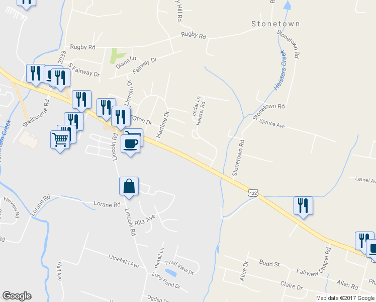 map of restaurants, bars, coffee shops, grocery stores, and more near 6111 Perkiomen Avenue in Birdsboro