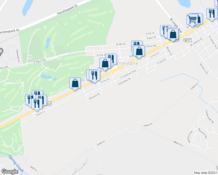 map of restaurants, bars, coffee shops, grocery stores, and more near 1264 Jo Mar Court in Hershey