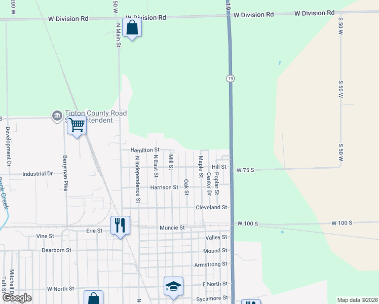 map of restaurants, bars, coffee shops, grocery stores, and more near 903 Oak Street in Tipton