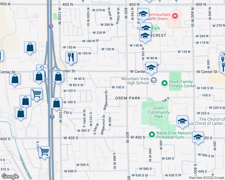 map of restaurants, bars, coffee shops, grocery stores, and more near 153 Ridgecrest Drive in Orem