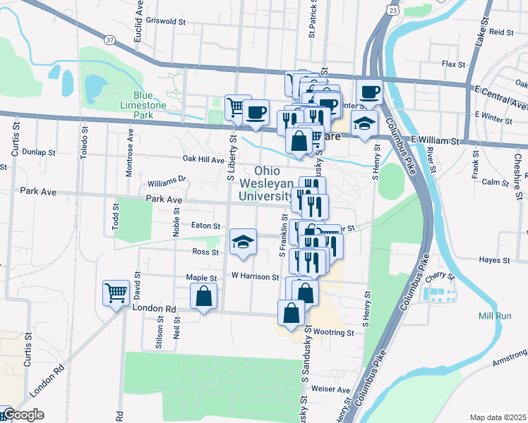 map of restaurants, bars, coffee shops, grocery stores, and more near 75 Park Avenue in Delaware