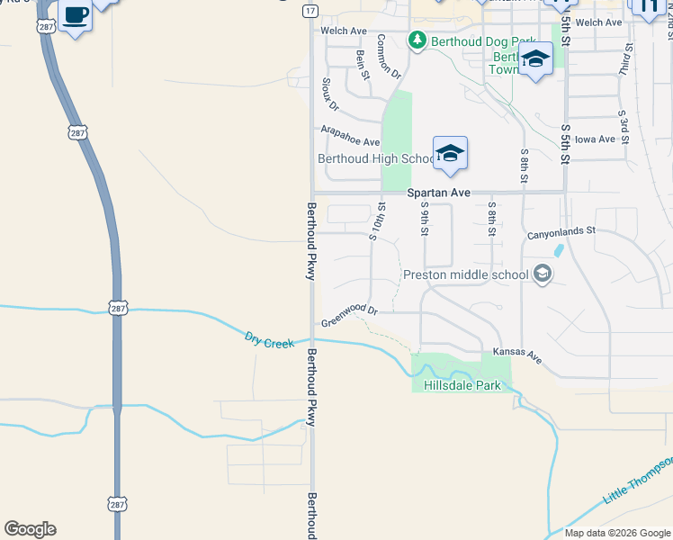 map of restaurants, bars, coffee shops, grocery stores, and more near 1109 Gabriella Lane in Berthoud