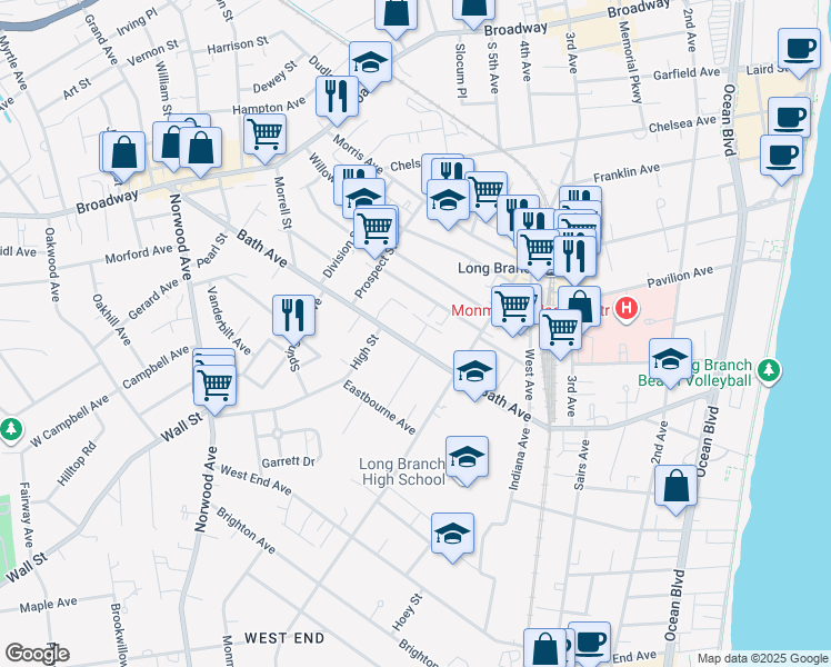 map of restaurants, bars, coffee shops, grocery stores, and more near 272 Bath Avenue in Long Branch