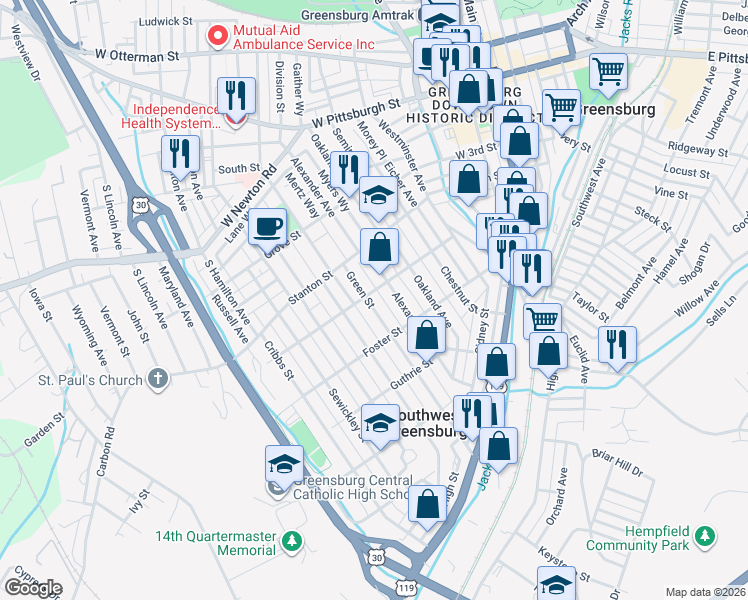 map of restaurants, bars, coffee shops, grocery stores, and more near 507 Green Street in Greensburg
