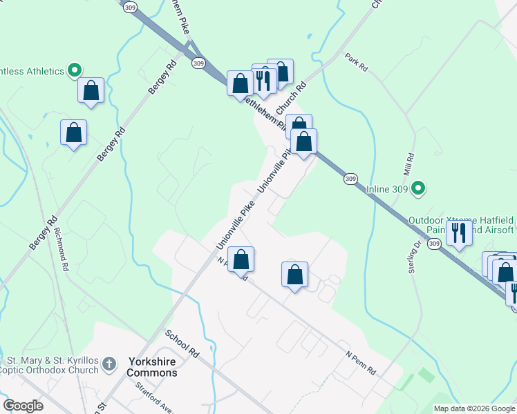 map of restaurants, bars, coffee shops, grocery stores, and more near 3277 Unionville Pike in Hatfield