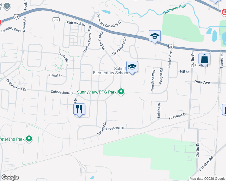 map of restaurants, bars, coffee shops, grocery stores, and more near 289 Cobblestone Drive in Delaware