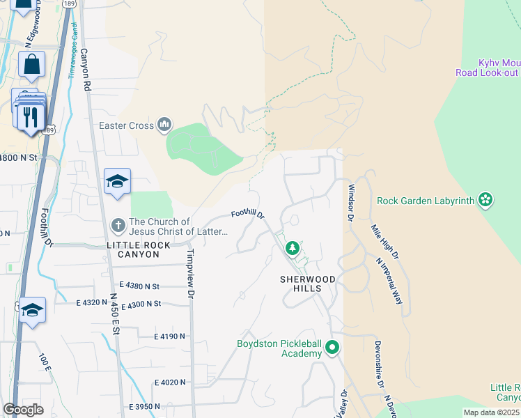 map of restaurants, bars, coffee shops, grocery stores, and more near 4606 Brookshire Circle in Provo