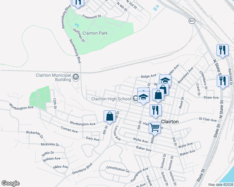 map of restaurants, bars, coffee shops, grocery stores, and more near 637 Waddell Avenue in Clairton