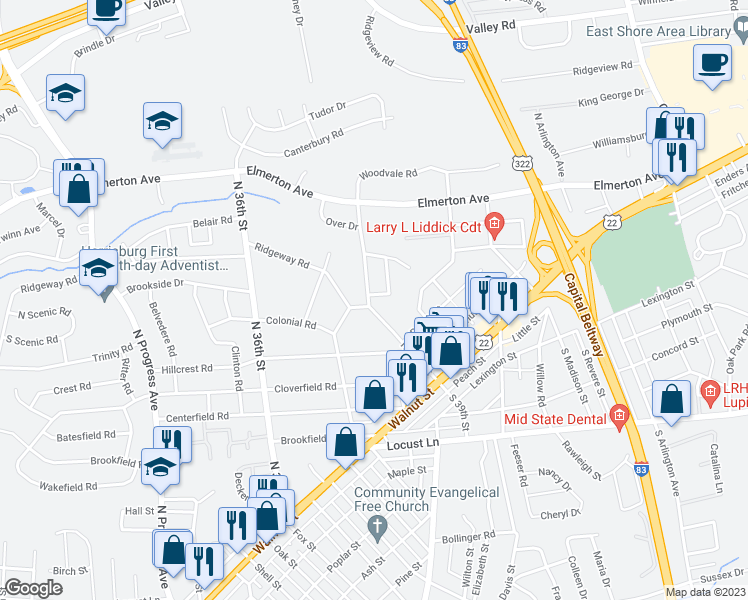 map of restaurants, bars, coffee shops, grocery stores, and more near 301 North 39th Street in Harrisburg