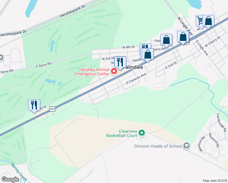 map of restaurants, bars, coffee shops, grocery stores, and more near 1241 Jo Mar Court in Hershey