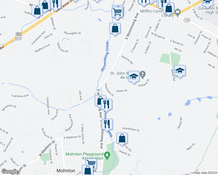 map of restaurants, bars, coffee shops, grocery stores, and more near 117 Pennwyn Place in Reading
