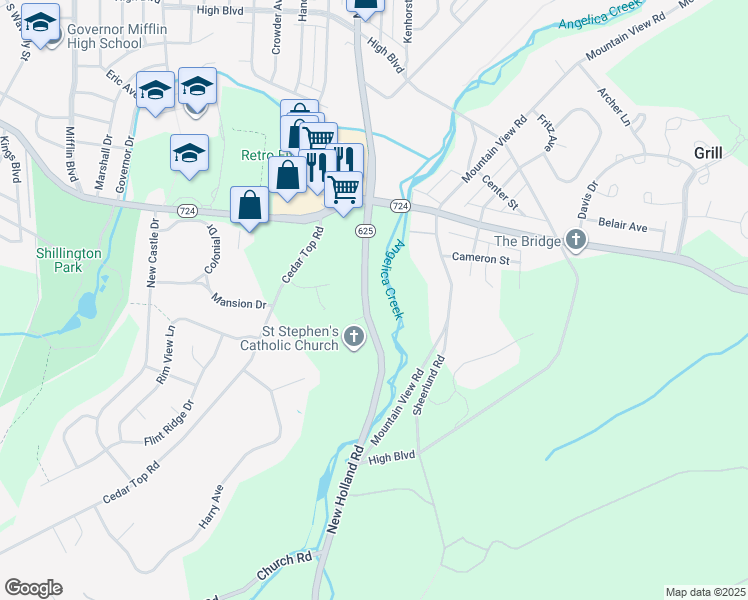 map of restaurants, bars, coffee shops, grocery stores, and more near 2152 New Holland Road in Reading