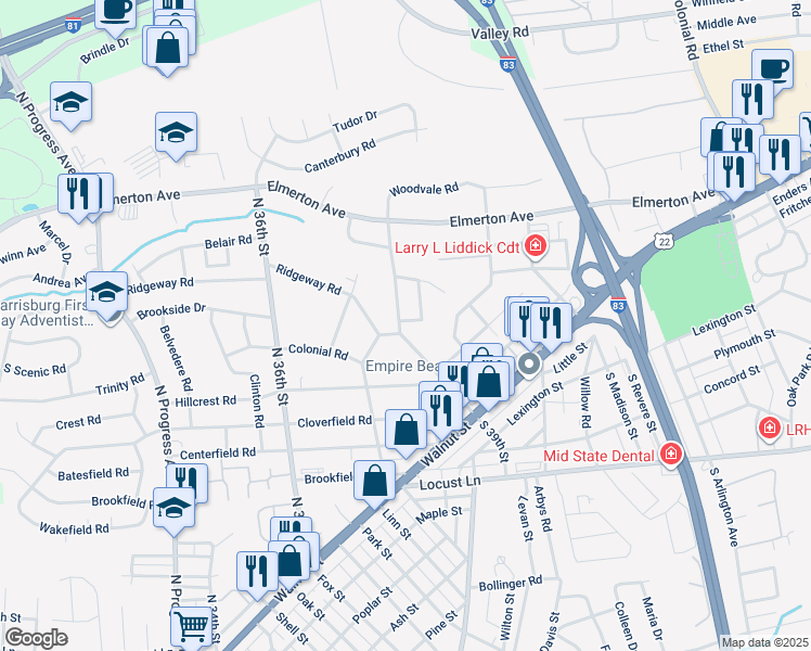 map of restaurants, bars, coffee shops, grocery stores, and more near 301 North 39th Street in Harrisburg