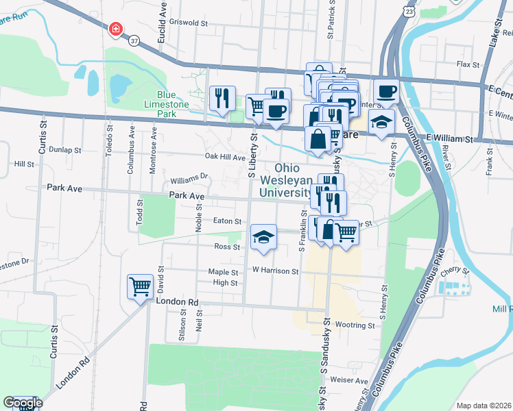 map of restaurants, bars, coffee shops, grocery stores, and more near 117 Park Avenue in Delaware
