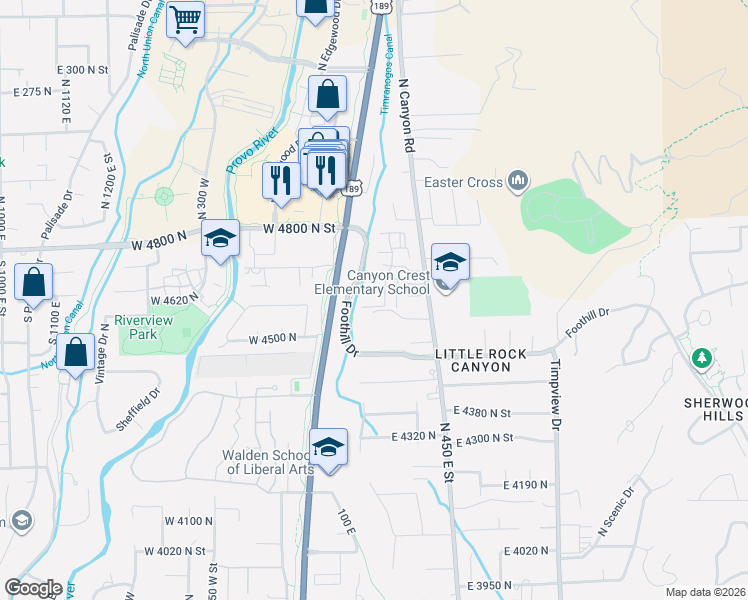 map of restaurants, bars, coffee shops, grocery stores, and more near 188 East 4635 North in Provo