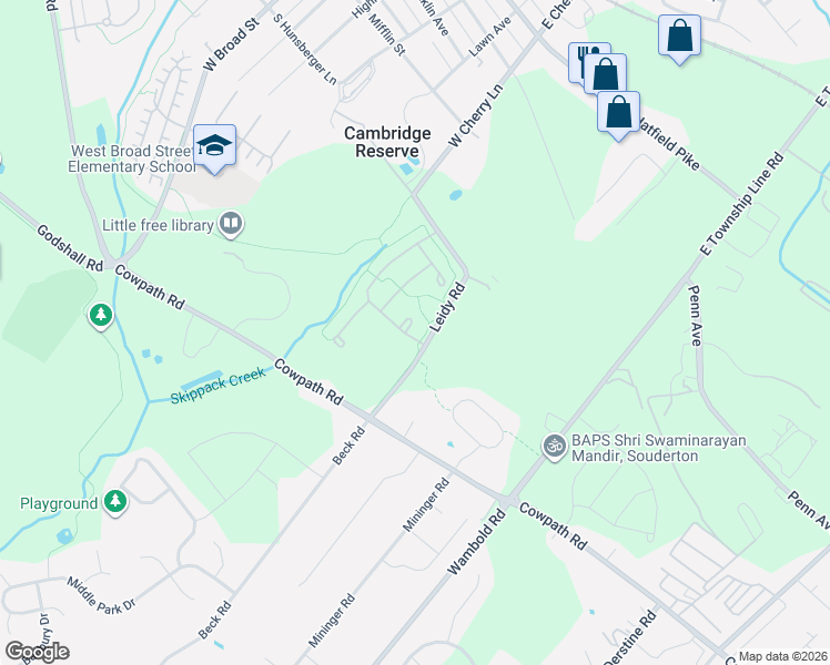 map of restaurants, bars, coffee shops, grocery stores, and more near 370 Harrington Way in Souderton