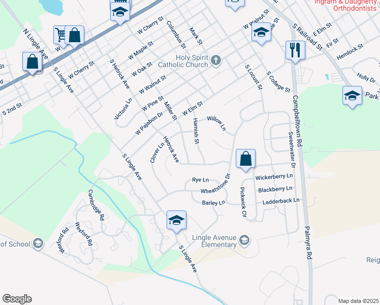 map of restaurants, bars, coffee shops, grocery stores, and more near 840 Miller Street in Palmyra