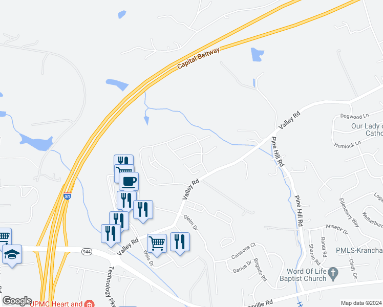 map of restaurants, bars, coffee shops, grocery stores, and more near 4150 Valley Street in Enola