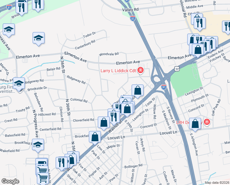 map of restaurants, bars, coffee shops, grocery stores, and more near 3952 Chestnut Street in Harrisburg