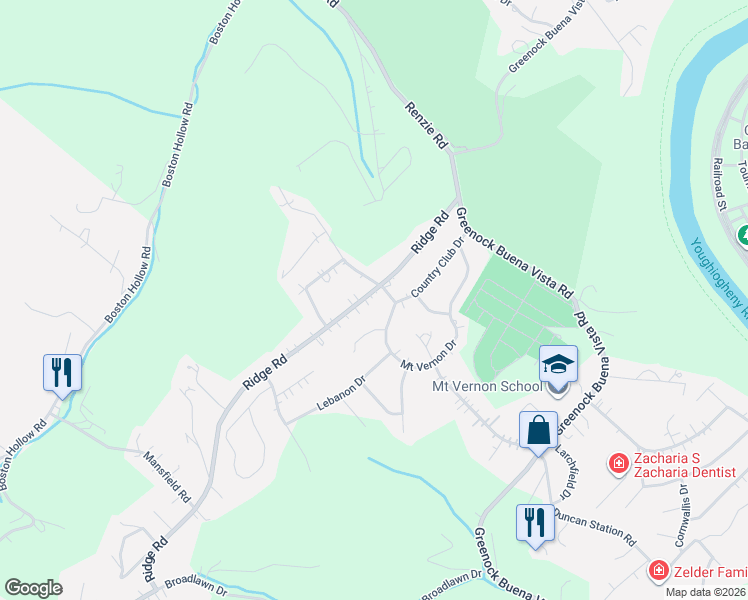 map of restaurants, bars, coffee shops, grocery stores, and more near 2050 Ridge Road in McKeesport