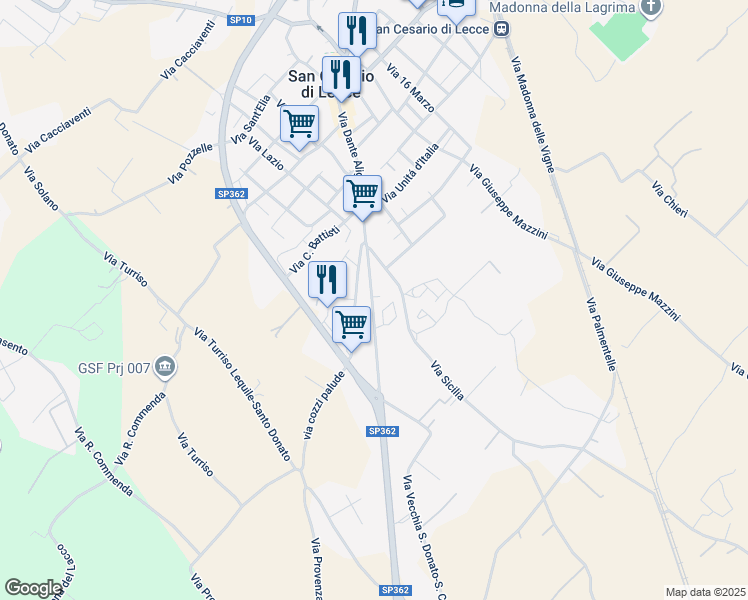 map of restaurants, bars, coffee shops, grocery stores, and more near 15 Via Sardegna in San Cesario di Lecce