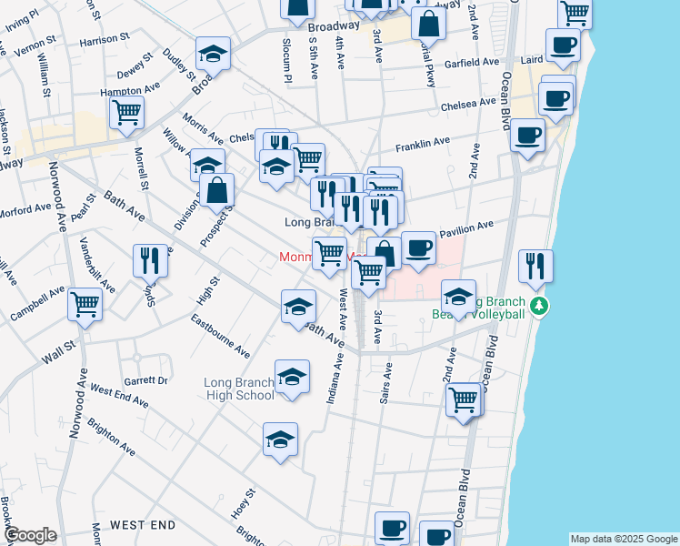 map of restaurants, bars, coffee shops, grocery stores, and more near 245 West Avenue in Long Branch