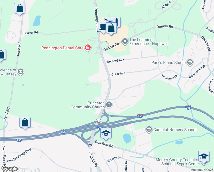 map of restaurants, bars, coffee shops, grocery stores, and more near 2371 Pennington Road in Pennington