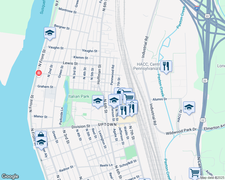 map of restaurants, bars, coffee shops, grocery stores, and more near 3001 Pennwood Road in Harrisburg