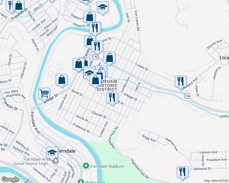 map of restaurants, bars, coffee shops, grocery stores, and more near 558 Highland Avenue in Johnstown