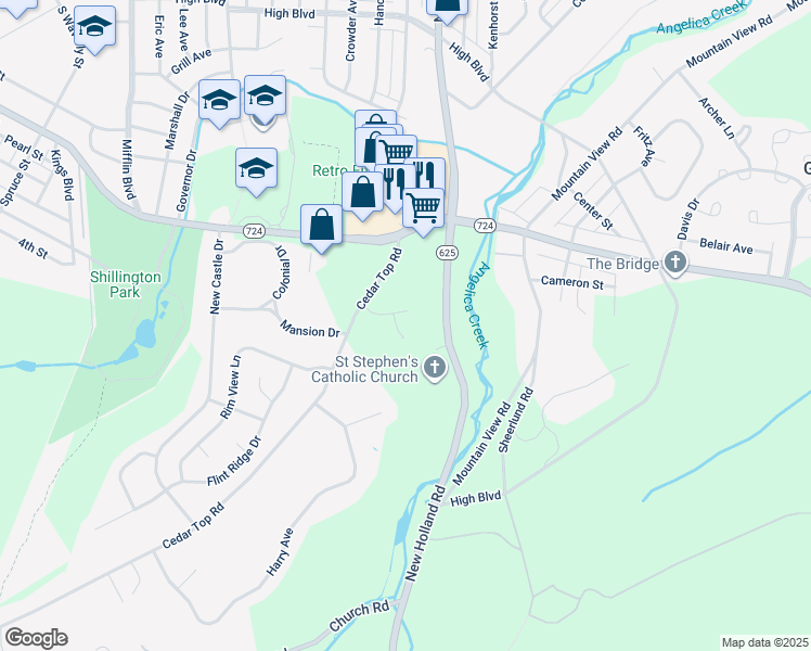 map of restaurants, bars, coffee shops, grocery stores, and more near 5 Rick Road in Shillington