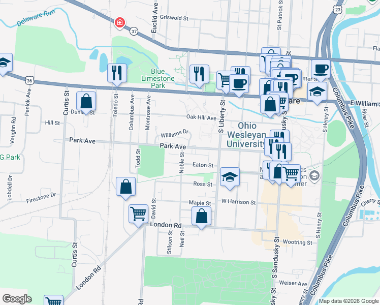 map of restaurants, bars, coffee shops, grocery stores, and more near 10 Williams Drive in Delaware