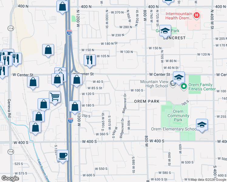 map of restaurants, bars, coffee shops, grocery stores, and more near 58 South 1000 West Street in Orem