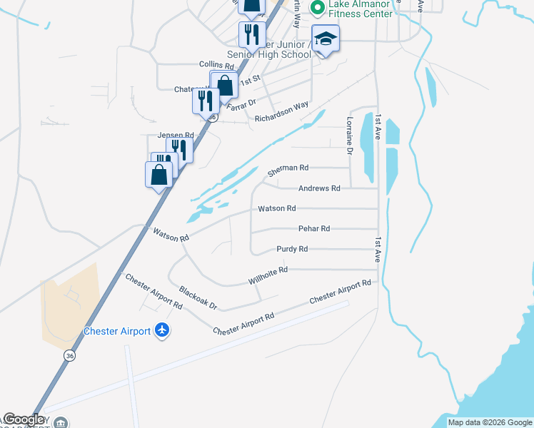 map of restaurants, bars, coffee shops, grocery stores, and more near 462 Watson Road in Chester