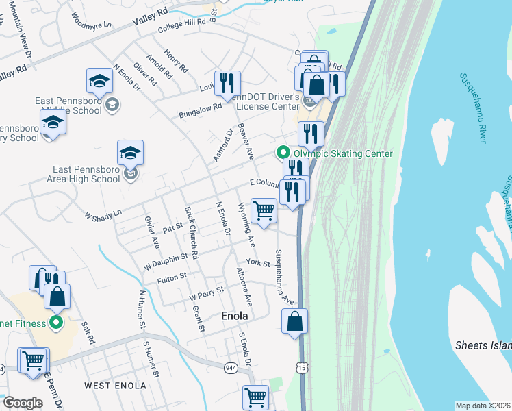 map of restaurants, bars, coffee shops, grocery stores, and more near 46 East Columbia Road in Enola