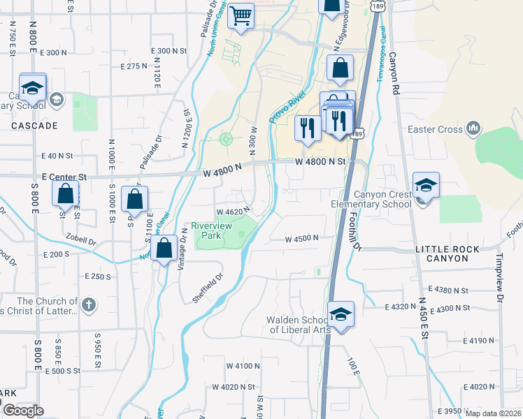map of restaurants, bars, coffee shops, grocery stores, and more near 4680 North 300 West in Provo