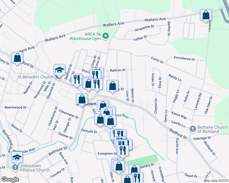 map of restaurants, bars, coffee shops, grocery stores, and more near 608 Sunberry Street in Johnstown