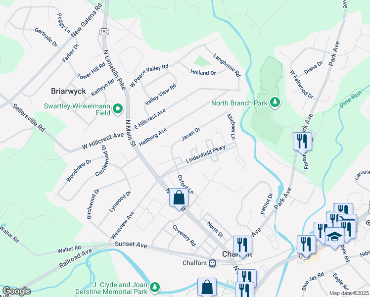 map of restaurants, bars, coffee shops, grocery stores, and more near 32 Zachary Drive in Chalfont