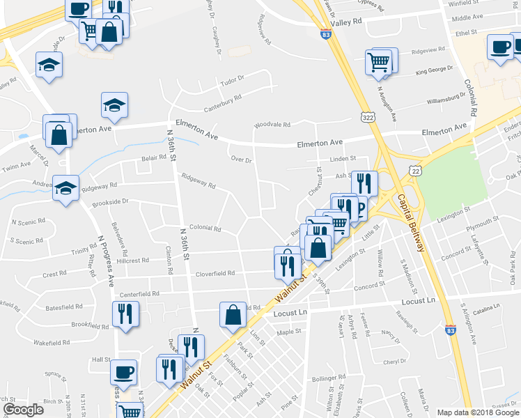 map of restaurants, bars, coffee shops, grocery stores, and more near 3819 Hickory Hill Road in Harrisburg