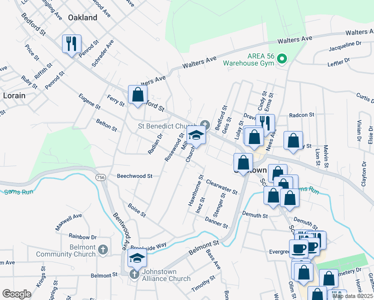 map of restaurants, bars, coffee shops, grocery stores, and more near 100-198 Mills Street in Johnstown