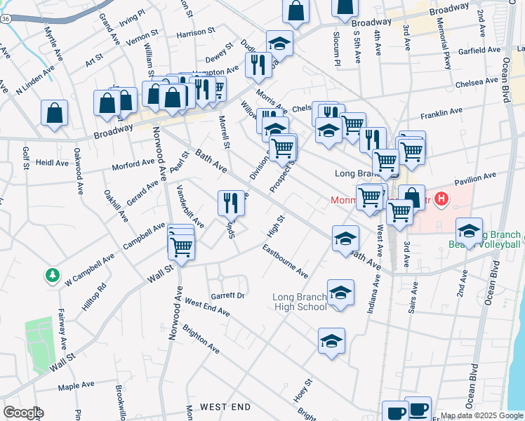map of restaurants, bars, coffee shops, grocery stores, and more near 388 Bath Avenue in Long Branch