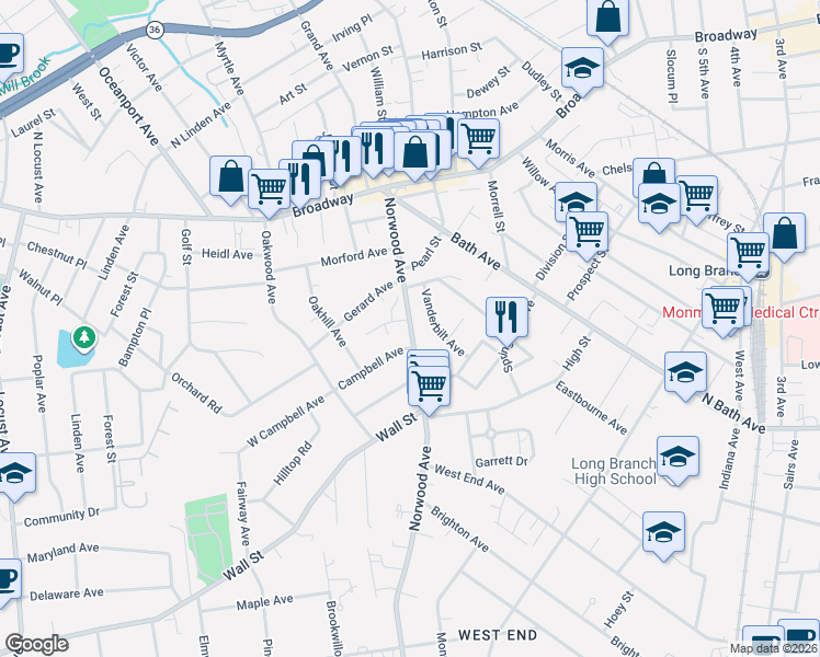 map of restaurants, bars, coffee shops, grocery stores, and more near 110 Norwood Avenue in Long Branch
