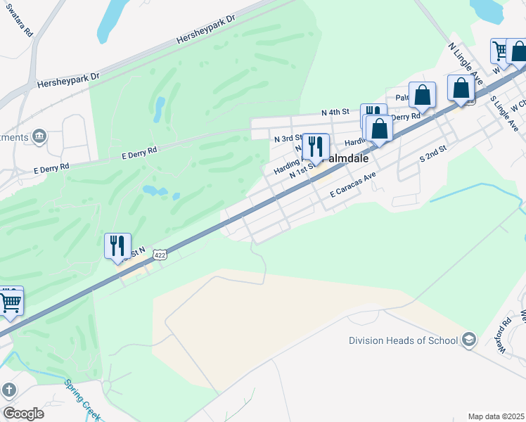 map of restaurants, bars, coffee shops, grocery stores, and more near 1206 East Chocolate Avenue in Hershey