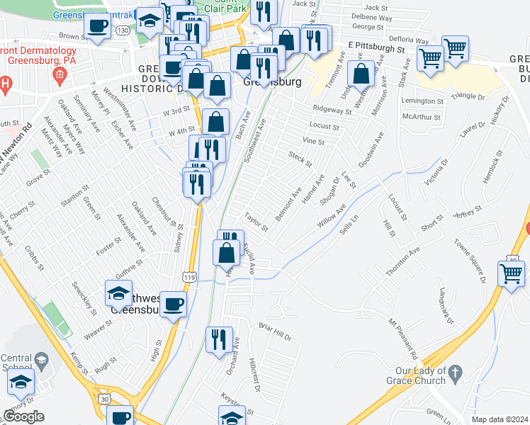 map of restaurants, bars, coffee shops, grocery stores, and more near 528 Hampton Street in Greensburg