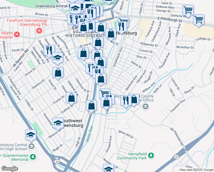 map of restaurants, bars, coffee shops, grocery stores, and more near 721 Southwest Avenue in Greensburg