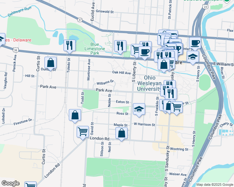 map of restaurants, bars, coffee shops, grocery stores, and more near 10 Williams Drive in Delaware