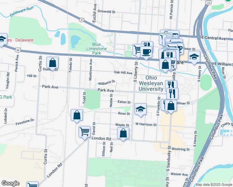 map of restaurants, bars, coffee shops, grocery stores, and more near 10 Williams Drive in Delaware