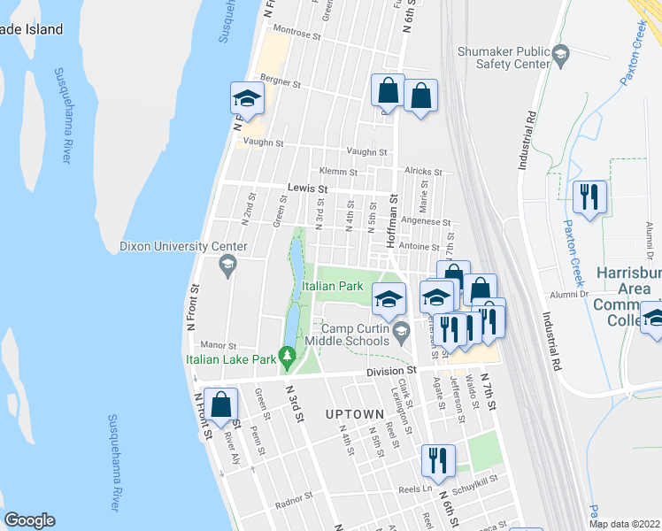 map of restaurants, bars, coffee shops, grocery stores, and more near 305 Graham Street in Harrisburg