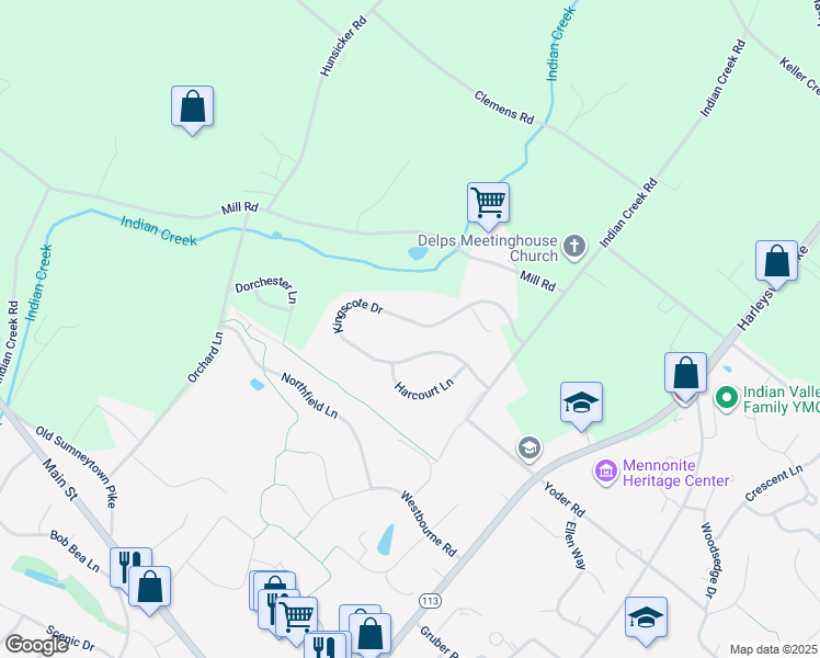map of restaurants, bars, coffee shops, grocery stores, and more near 1054 Kingscote Drive in Harleysville