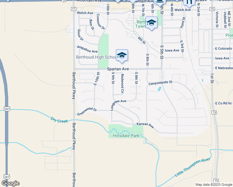 map of restaurants, bars, coffee shops, grocery stores, and more near 529 Redwood Circle in Berthoud