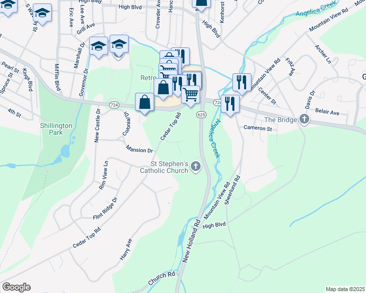 map of restaurants, bars, coffee shops, grocery stores, and more near 5 Rick Road in Shillington